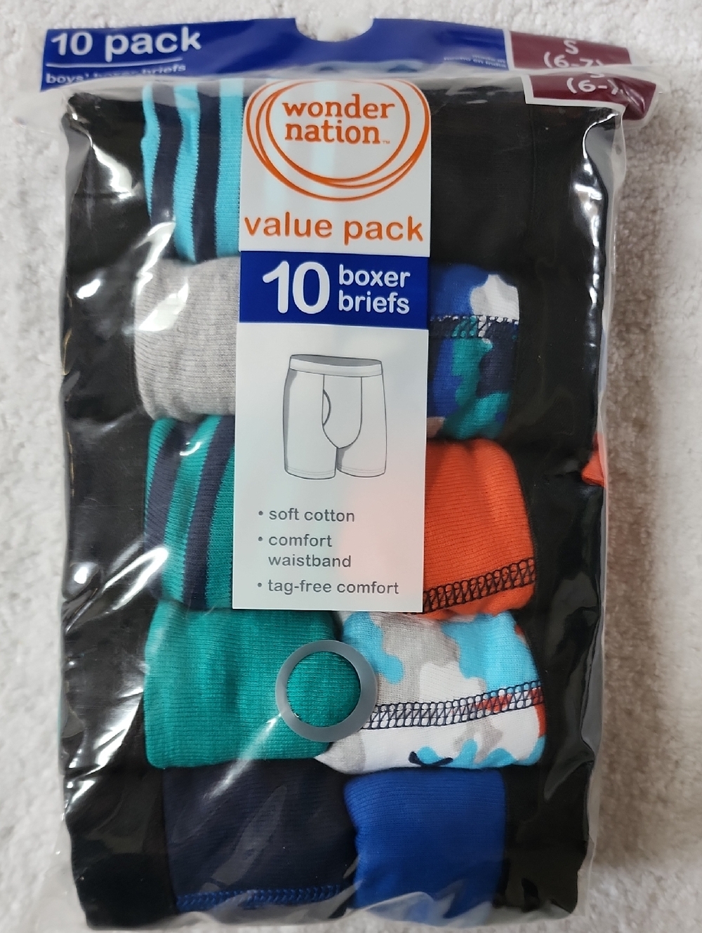 Wonder Nation Boy's 10-Pack Boxer Briefs - Multi Color Size S 6/7 New